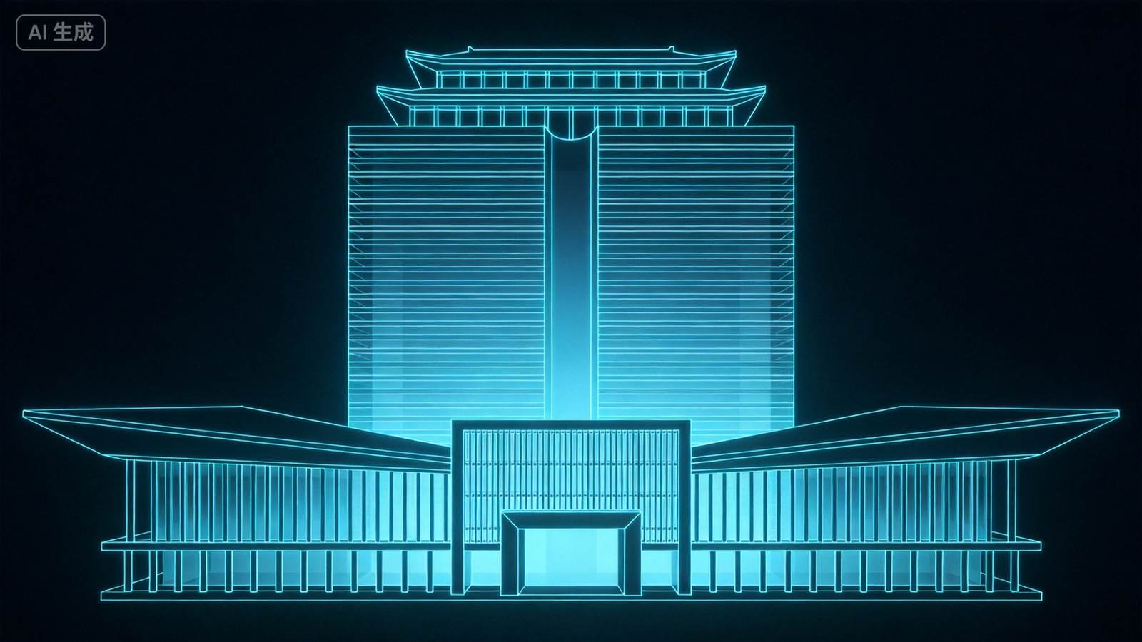 主会场 AI 生成意象效果图：融合岭南建筑元素的建筑意象，依「鹏起山海·环宇飞扬」理念绘制（AI 生成意象效果图，非实景照片，非场馆还原，非官方图样）